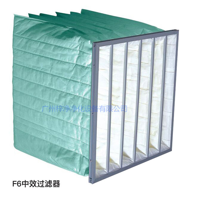 F6級(jí)袋式中效過濾器過濾效率為60-65%,常用于凈化空調(diào)中級(jí)過濾。